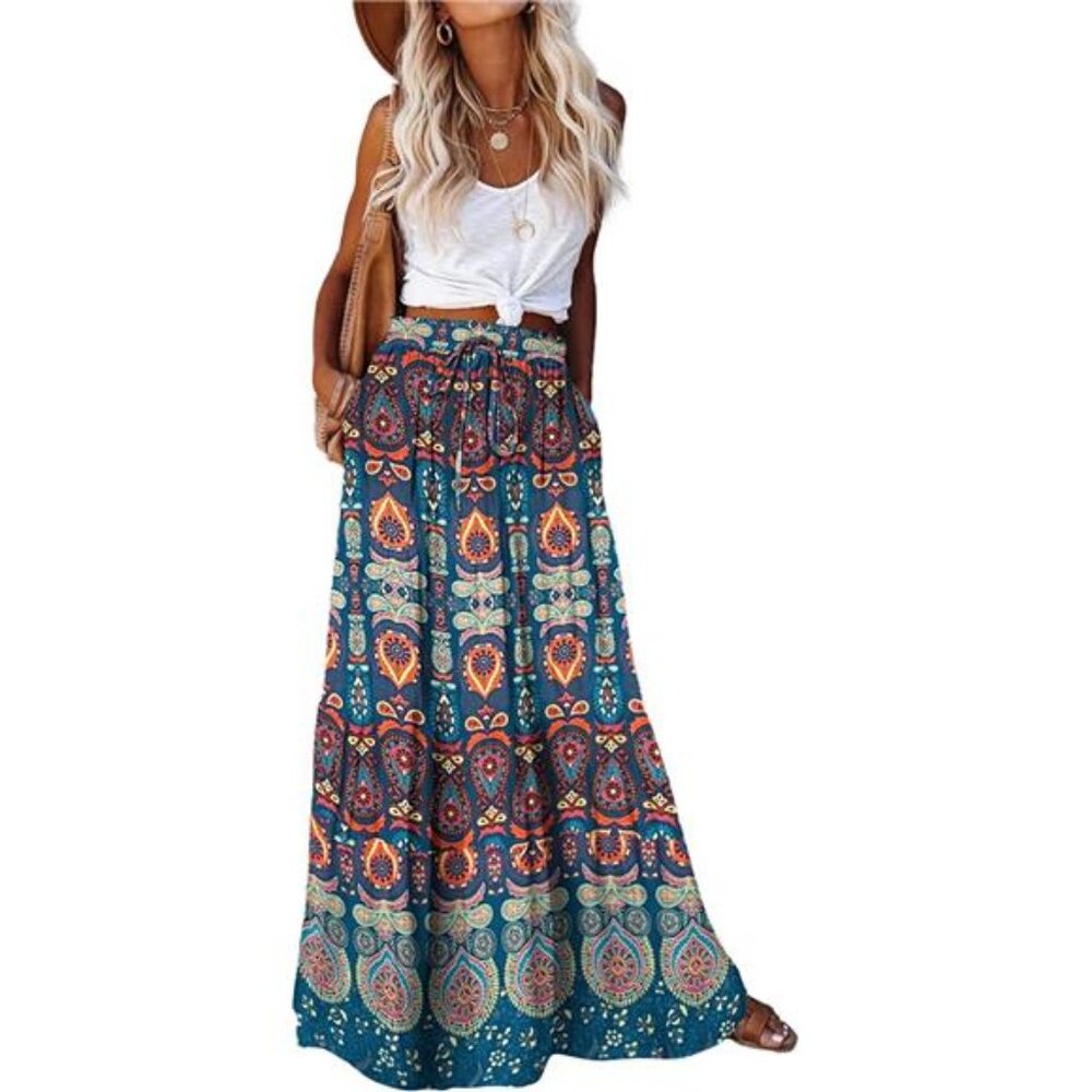 Maxi Skirts for Women Summer Boho Pleated Flowy Long Skirts Casual A Line